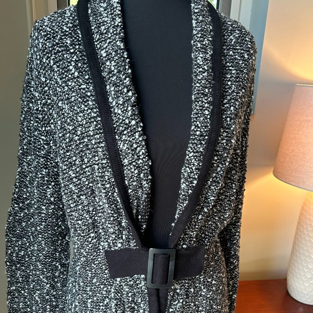 Zozo Black & White Lightweight Cardigan Sweater with Black Belt Accent - Picture 2 of 5